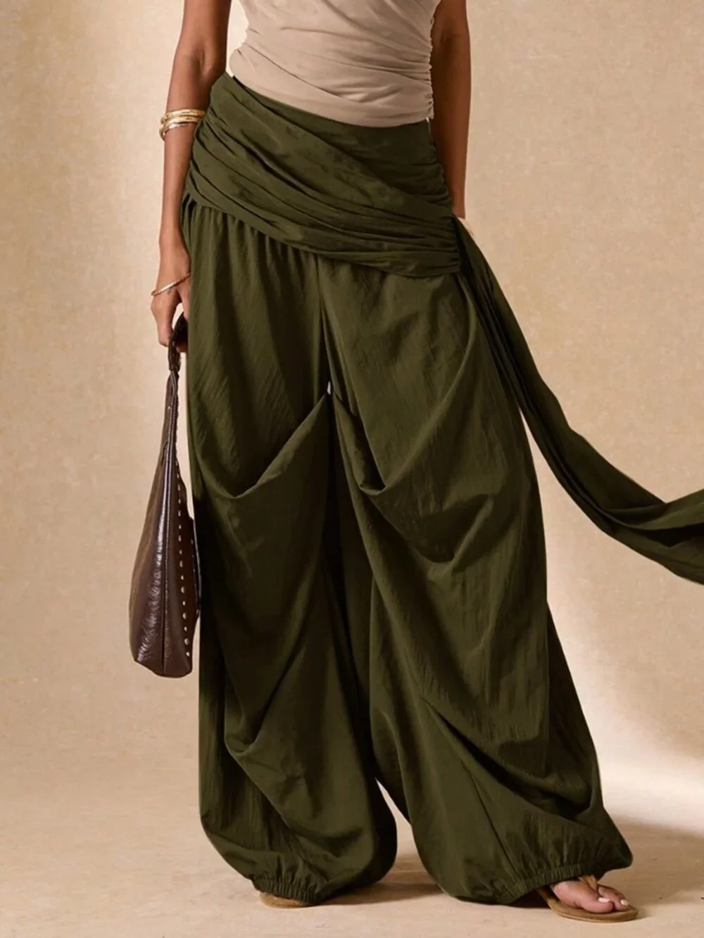 Army Green Boho Women's Pleated Wide-Leg Pants